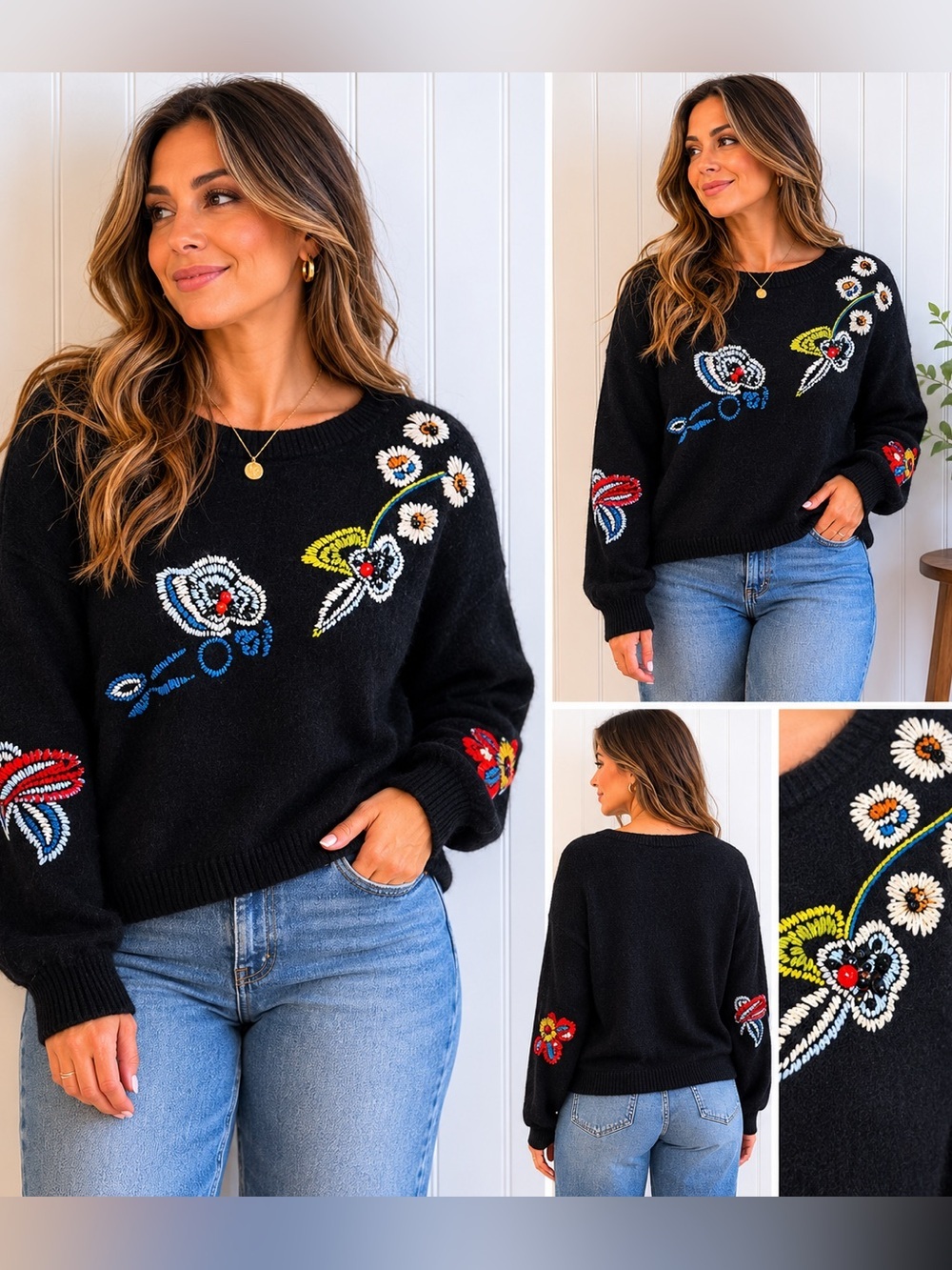 Cashmere Angora Blend Embroidered Sweater L Cottagecore Boho Luxe